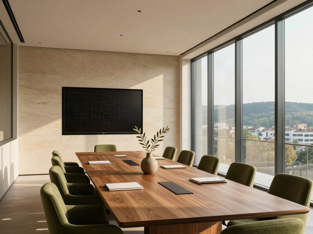 Sunlit executive boardroom with olive chairs, a walnut meeting table and a strategic analytics display